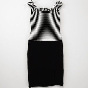 Tadashi Shoji Stripe Bodycon Dress Above Knee Midi Black White Size XS
